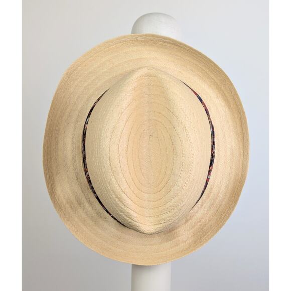 VTG Haband Fedora Hat Medium 22" Natural Straw Blue Paisley Hatband Made in USA - Picture 2 of 9